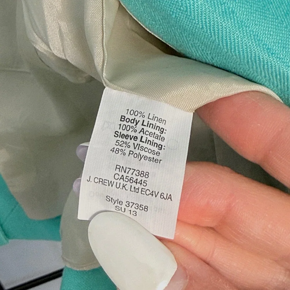 J.Crew Blazer Womens 0 Sea Green 100% Linen Two-Button Schoolboy Jacket